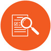 Orange icon with a document and a magnifying glass over text lines.